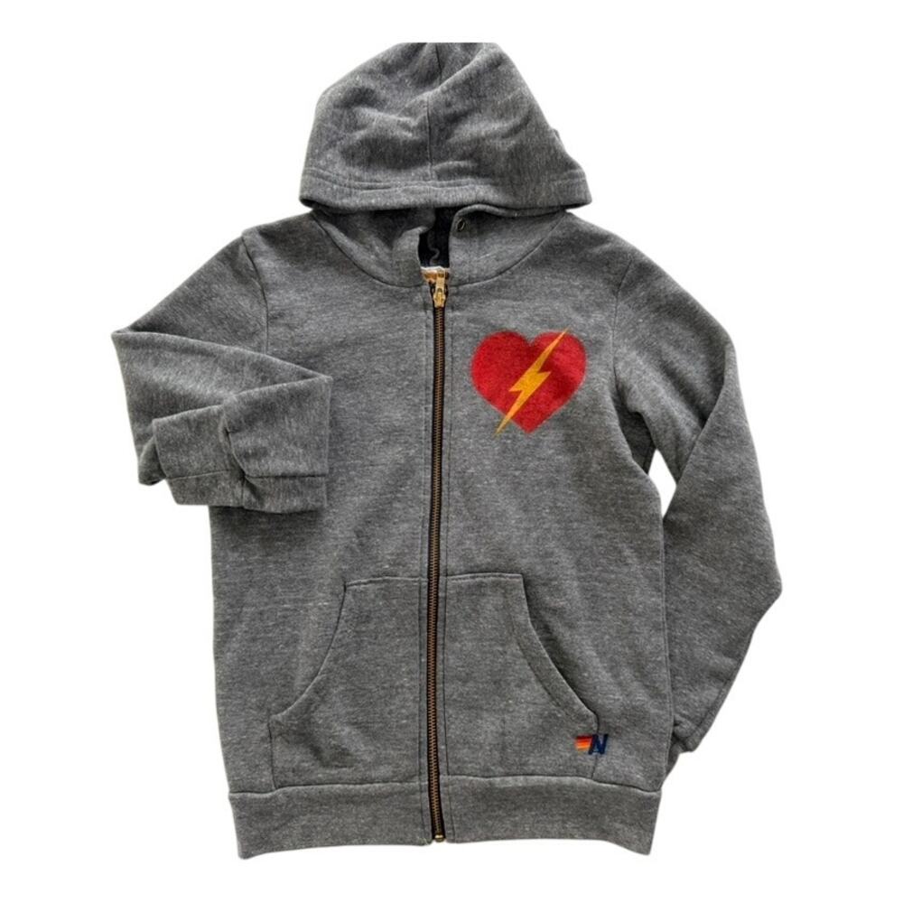 Aviator Nation Kids Bolt Heart Zip Up Grey Hoodie Sweatshirt Size 8 Jacket